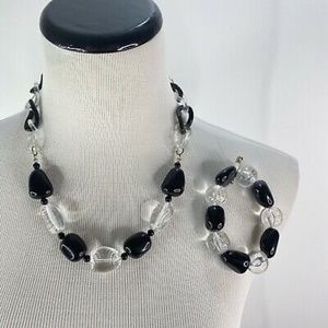 Necklace and stretch Bracelet Set Black Clear chain beads adjustable 80's 90's